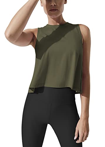 Mippo Cropped Tank Flowy Crop Top Workout Shirts High Neck Tank Athletic Shirts Loose Workout Tops for Women Army Green XL - Image 1