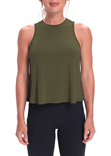 Mippo Cropped Tank Flowy Crop Top Workout Shirts High Neck Tank Athletic Shirts Loose Workout Tops for Women Army Green XL - Image 2
