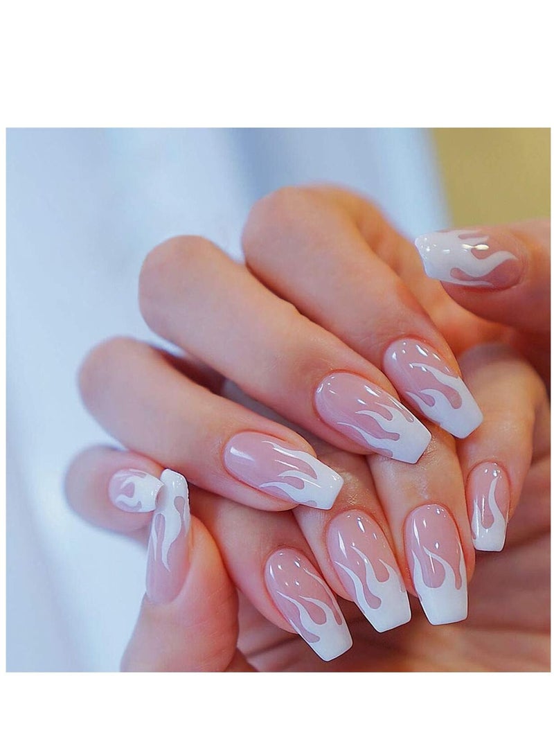 KASTWAVE Nails Prom Medium Length Flame Fake Nails Full Cover Nails for Women and Girls Nail Art Fake Nail Nail Patch Pink White 1 SET of 24 PCS Flame Model Without Glue Delivery - Image 2