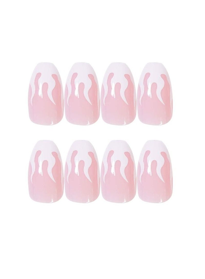KASTWAVE Nails Prom Medium Length Flame Fake Nails Full Cover Nails for Women and Girls Nail Art Fake Nail Nail Patch Pink White 1 SET of 24 PCS Flame Model Without Glue Delivery - Image 1