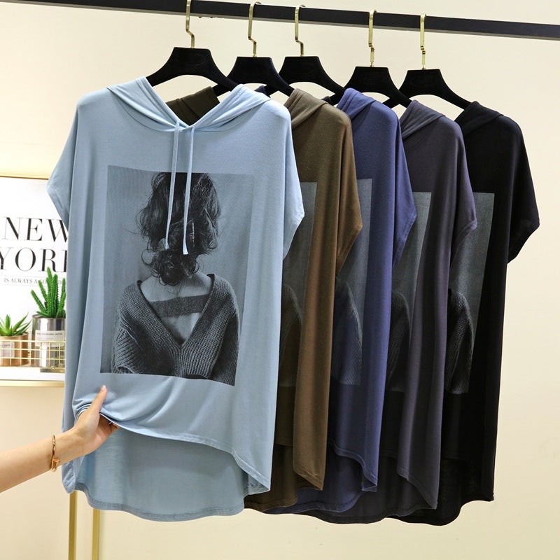 Modal Hooded Printed Short-Sleeved T-Shirt For Women Summer Loose Large Size Fat Mm Top Casual Thin Bottoming Shirt 2025 - Image 3