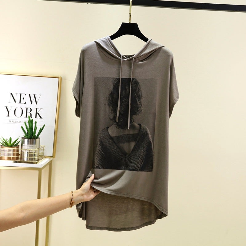 Modal Hooded Printed Short-Sleeved T-Shirt For Women Summer Loose Large Size Fat Mm Top Casual Thin Bottoming Shirt 2025 - Image 1