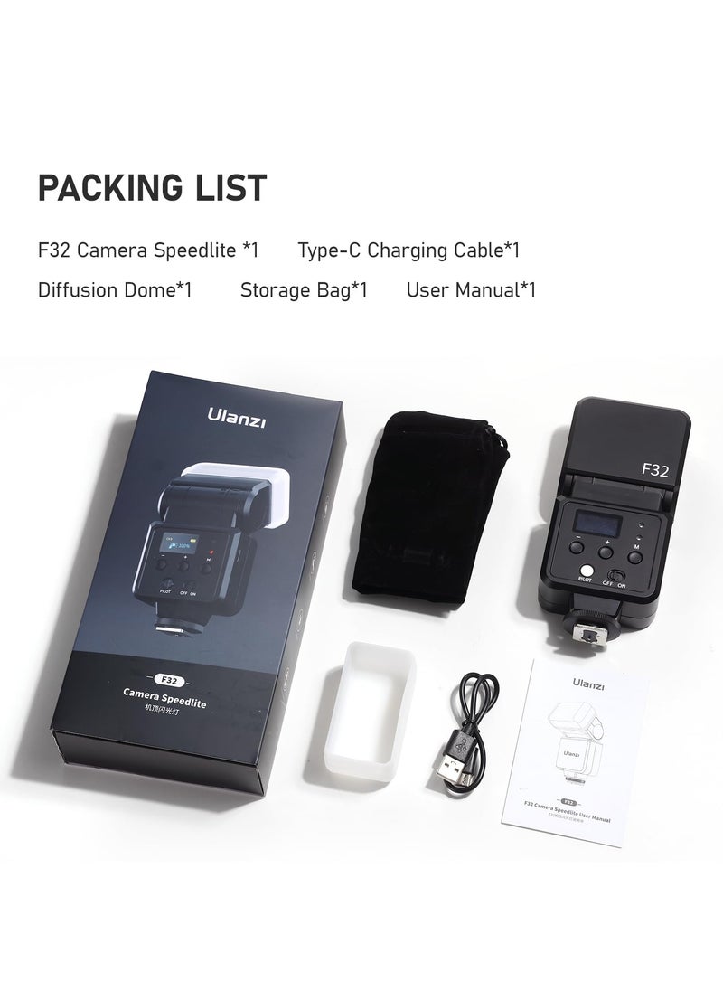 Ulanzi - Ulanzi F32 Camera Flash, Camera Speedlite with GN32 / CCT 5600K for Canon/Fuji/Sony/Nikon/Panasonic Olympus Pentax and Other SLR Digital Cameras, and Digital Cameras with Single Contact Hot Shoe - Image 1