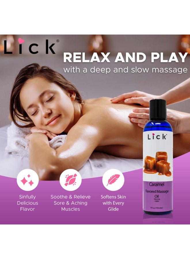 LICK زيت تدليك بنكهة الكراميل للعلاج بالتدليك - تدليك مريح للعضلات للرجال والنساء مع زيت فيتامين E الطبيعي وزيوت العلاج العطري للاستخدام على البشرة - زيوت مرطبة أساسية 4 أونصات - Image 3