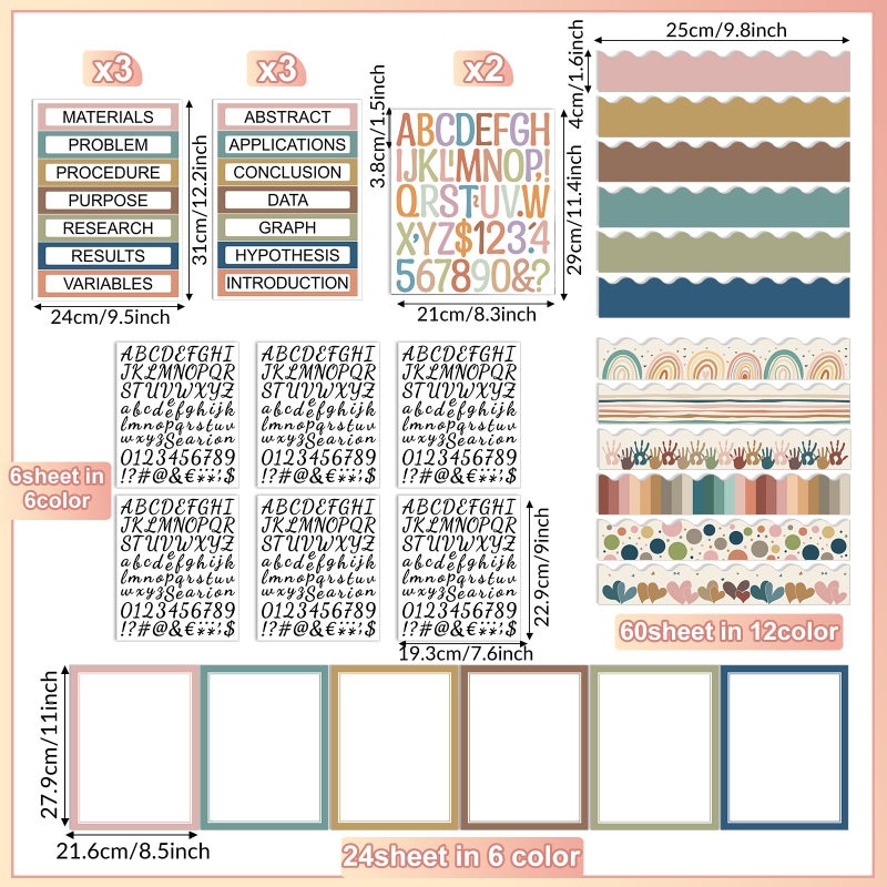 Skyygemm 92 Pcs Science Fair Board Supplies 60 Trim Scalloped Poster Boards 18 Presentation Subtitles 6 Self Adhesive Project Titles 8 Letter Sticker for Classroom Display(Boho) - Image 2