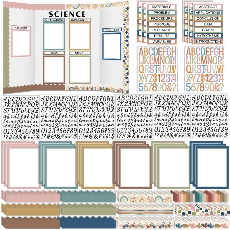 Skyygemm 92 Pcs Science Fair Board Supplies 60 Trim Scalloped Poster Boards 18 Presentation Subtitles 6 Self Adhesive Project Titles 8 Letter Sticker for Classroom Display(Boho) - Image 1