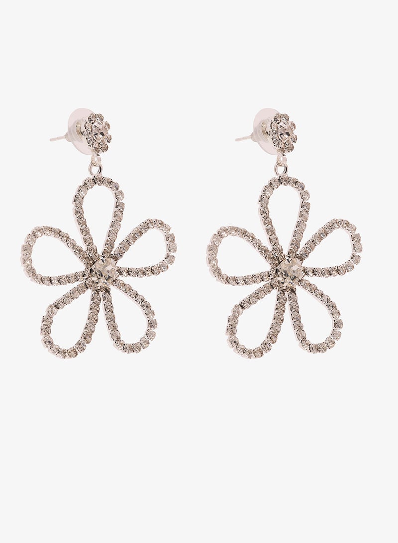 Ginger Flower Shaped Large Drop Down Earrings Rhinestone Embellished Silver - Image 1
