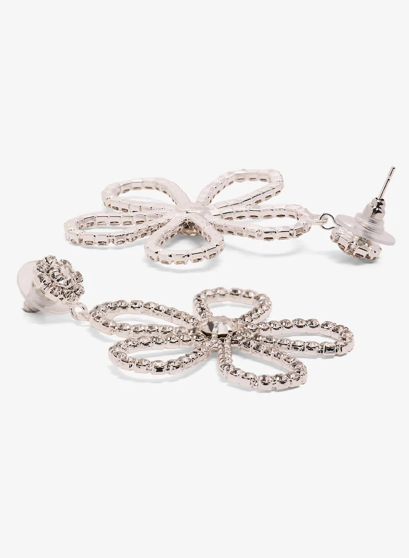Ginger Flower Shaped Large Drop Down Earrings Rhinestone Embellished Silver