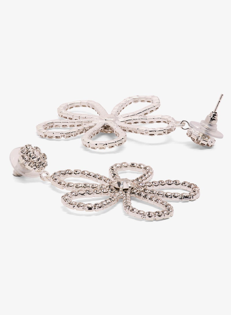 Ginger Flower Shaped Large Drop Down Earrings Rhinestone Embellished Silver - Image 2