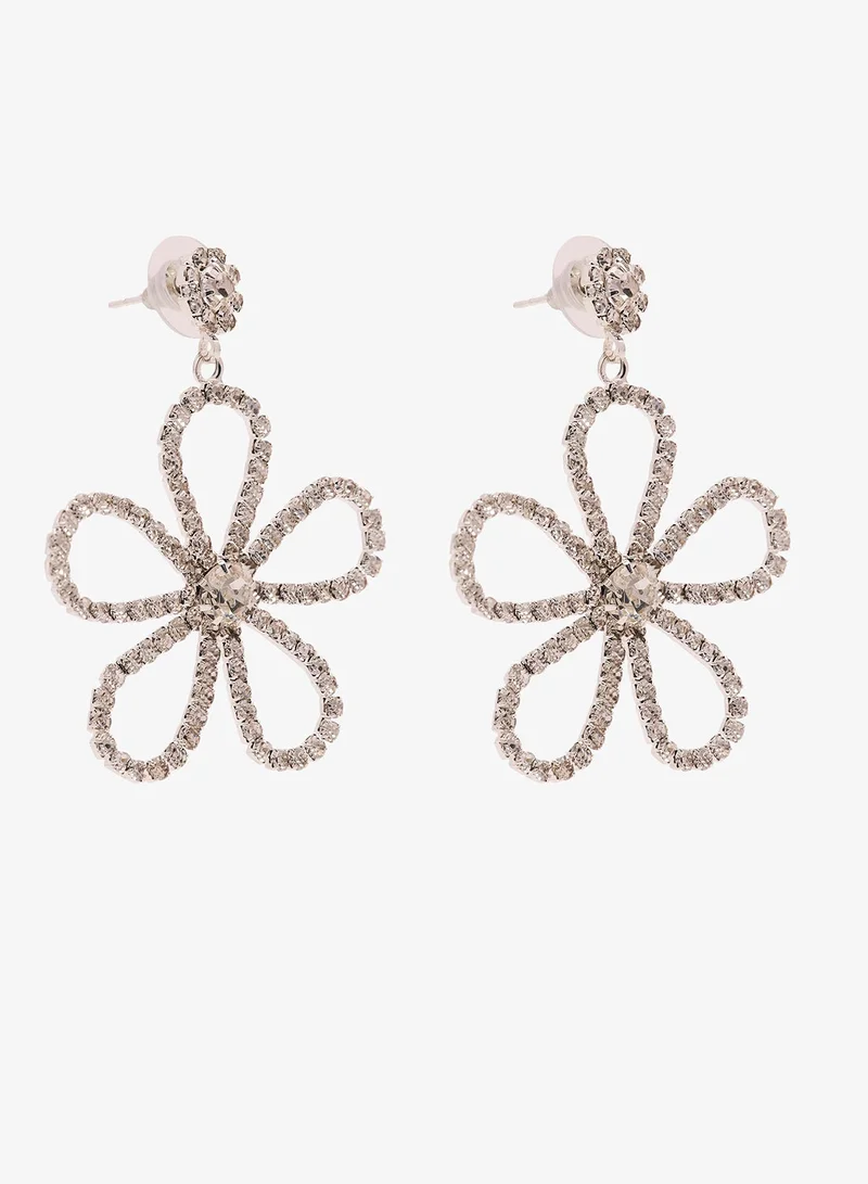 Ginger Flower Shaped Large Drop Down Earrings Rhinestone Embellished Silver
