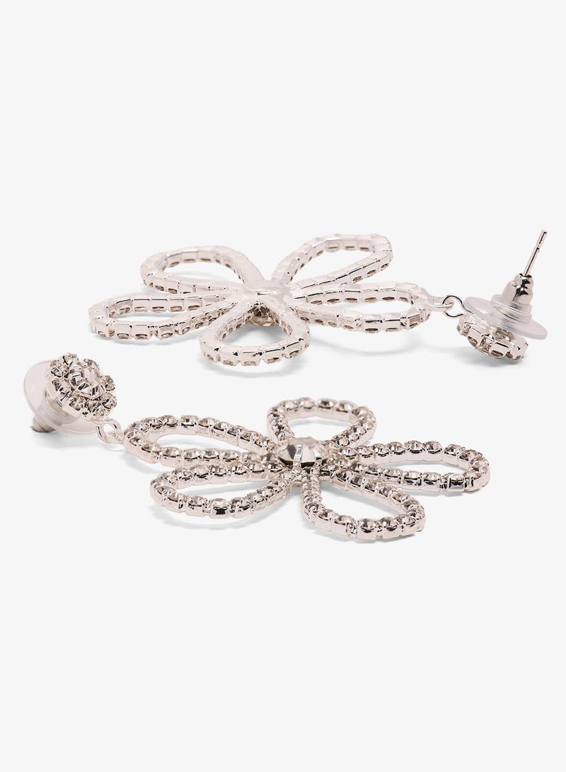 Ginger Flower Shaped Large Drop Down Earrings Rhinestone Embellished Silver - Image 3