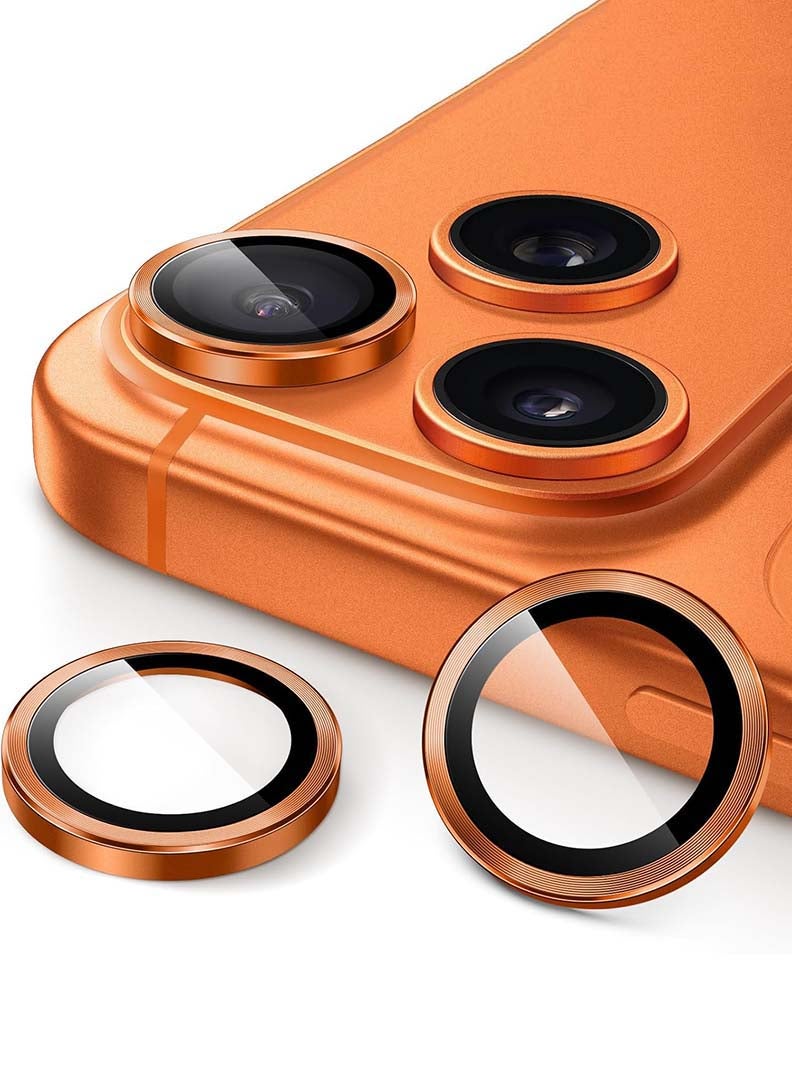 رفع القضية 3 قطع من واقيات عدسة الكاميرا متوافقة مع آيفون 17 برو ماكس / 17 برو، مع غطاء كاميرا من زجاج عالي الدقة مقوى بدرجة صلابة 9H وحلقة كاميرا من سبائك الألومنيوم مقاومة للخدش، لون برتقالي - Image 1