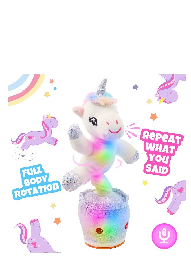 Glowing Dancing Unicorn Toy Repeats What You Say Talking Toy Wriggle Singing Mimicking Twisting Electric Light Up Interactive Animated Toy Speaking Gift for Kids, White, 12.5'' - Image 1