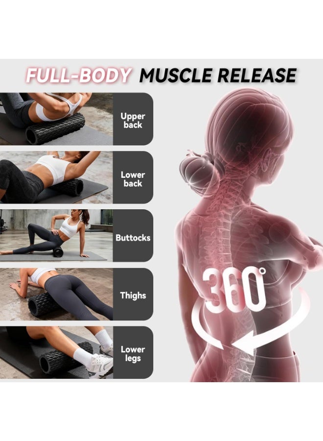 أسطوانة إسفنجية عالية الكثافة 45×14 سم للتمارين والتدليك، أداة متعددة الكثافة لاستعادة العضلات في الأنسجة العميقة للظهر والساقين والذراعين والجسم، تحرير نقاط الزناد الليفية العضلية، تخفيف الألم، مثالية للصالات الرياضية واللياقة البدنية واليوغا والبيلاتس والعلاج الطبيعي (أسود) - Image 5