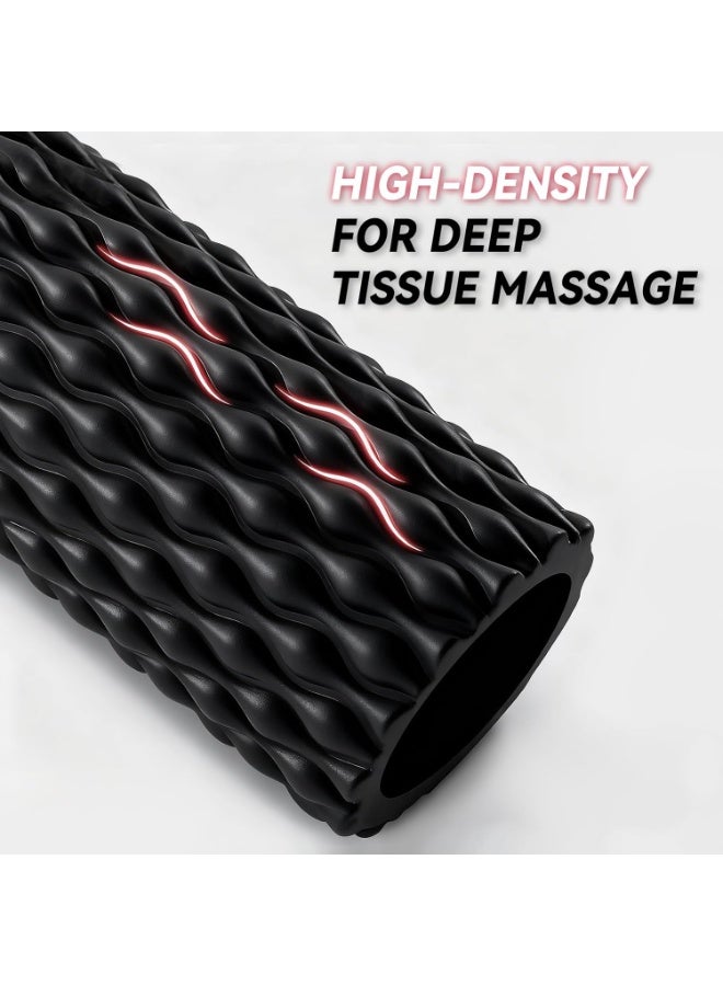 أسطوانة إسفنجية عالية الكثافة 45×14 سم للتمارين والتدليك، أداة متعددة الكثافة لاستعادة العضلات في الأنسجة العميقة للظهر والساقين والذراعين والجسم، تحرير نقاط الزناد الليفية العضلية، تخفيف الألم، مثالية للصالات الرياضية واللياقة البدنية واليوغا والبيلاتس والعلاج الطبيعي (أسود) - Image 2