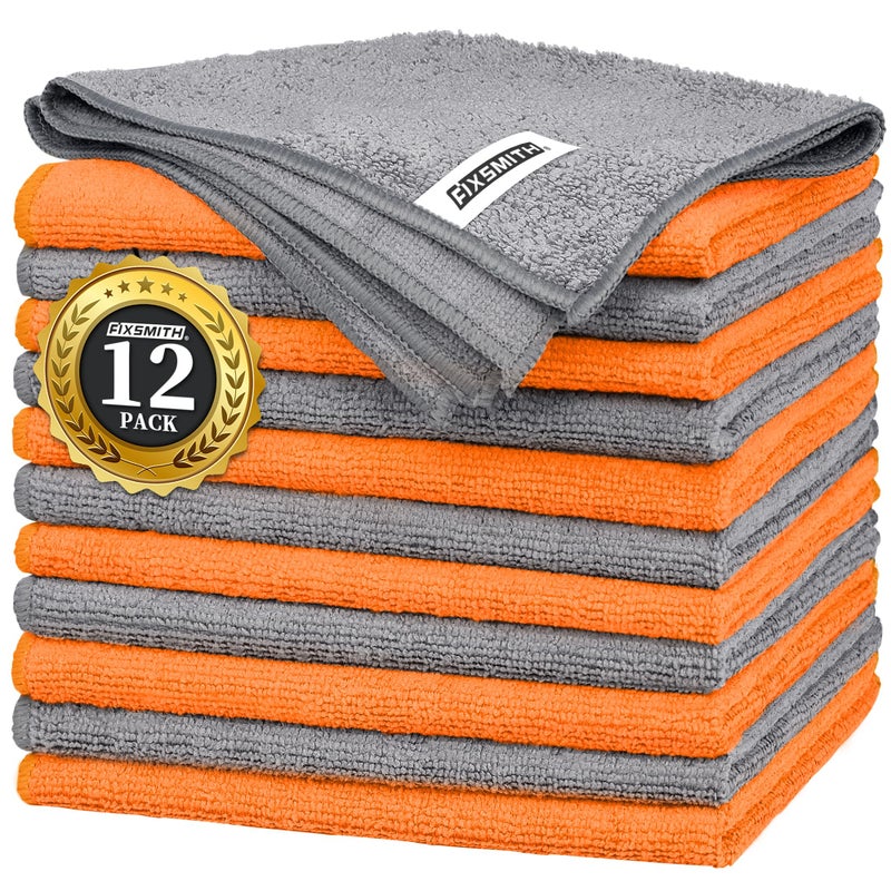 FIXSMITH Microfiber Cleaning Cloth -Pack of 12, Highly Absorbent Cleaning Rags(Grey&Orange), 16"X12" All Purpose Cleaning Towels for Housekeeping, Kitchen, Car, Reusable Microfiber Towels - Image 1