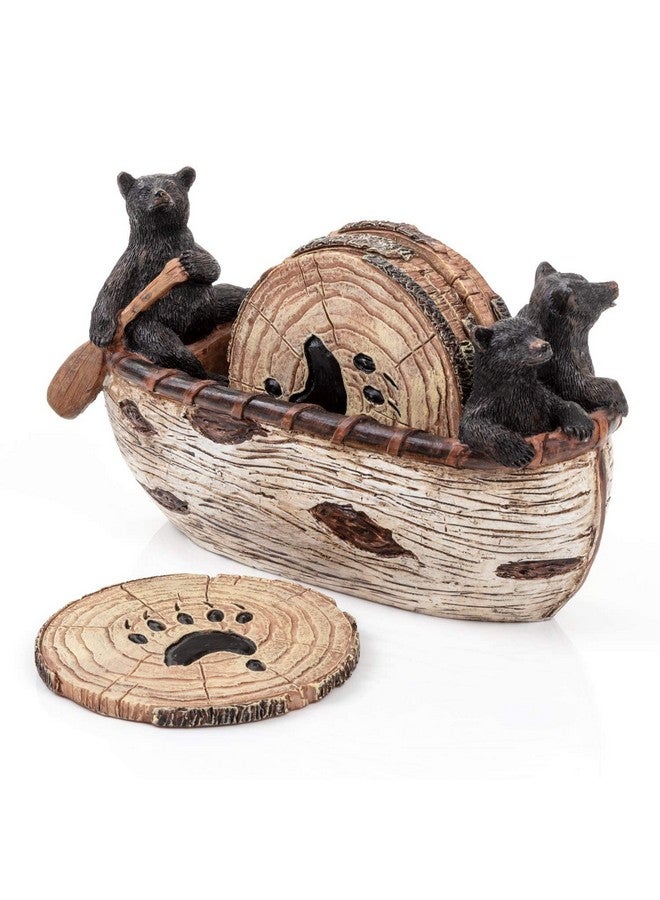 Cabin Obsession Bear Coasters Set of 6 Full Size Rustic Coasters in Handmade Canoe with Adorable Black Bear Figurines | Black Bear Log Cabin Decorations, Rustic Lodge Decor for The Home - Image 1