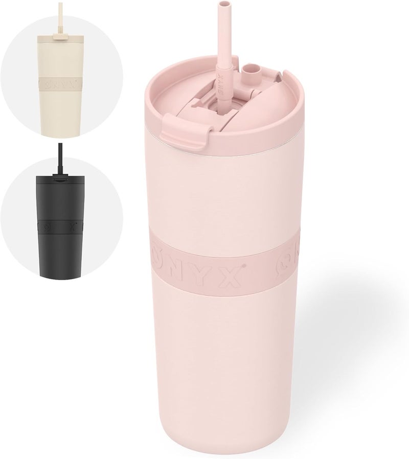 Onyx Drinking Bottle with Straw - Water Bottle for Children & Adults - Thermos Cup Stainless Steel Travel Mug - Motivational Drinking Canister - Drinking Cup for School (Pink, 0.7L) - Image 1
