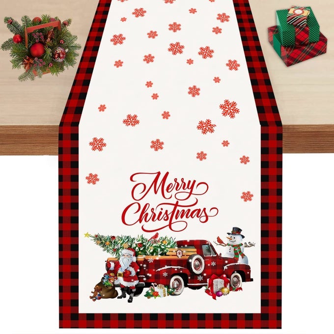 MERRY CHRISTMAS TABLE RUNNER 13X72 RED TRUCK SANTACLAUS SNOWMAN BUFFALO CHECK PLAID TABLE RUNNERS SEASONAL WINTER XMAS HOLIDAY KITCHEN DINING TABLE DECORATION FOR INDOOR OUTDOOR HOME PARTY DECOR