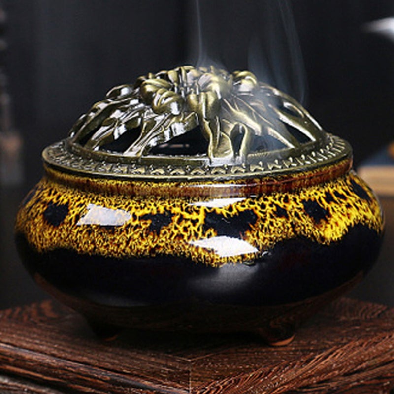 Ceramic Ice Crack Porcelain Aromatherapy Diffuser Sandalwood Censer With Copper Cover For Buddhist Relax Porcelain Incense Burner - Image 1