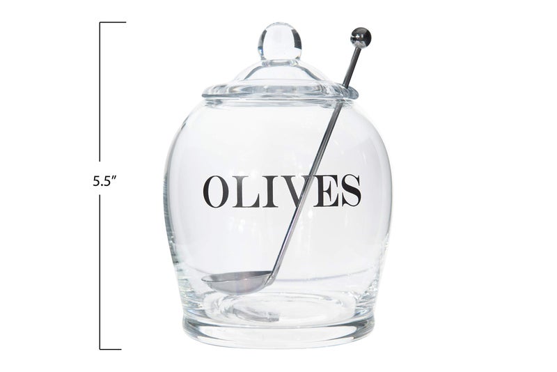 Creative Co-Op Clear Glass "OLIVE" Jar with Lid & Slotted Stainless Steel Spoon (Set of 3 Pieces including Lid) - Image 5