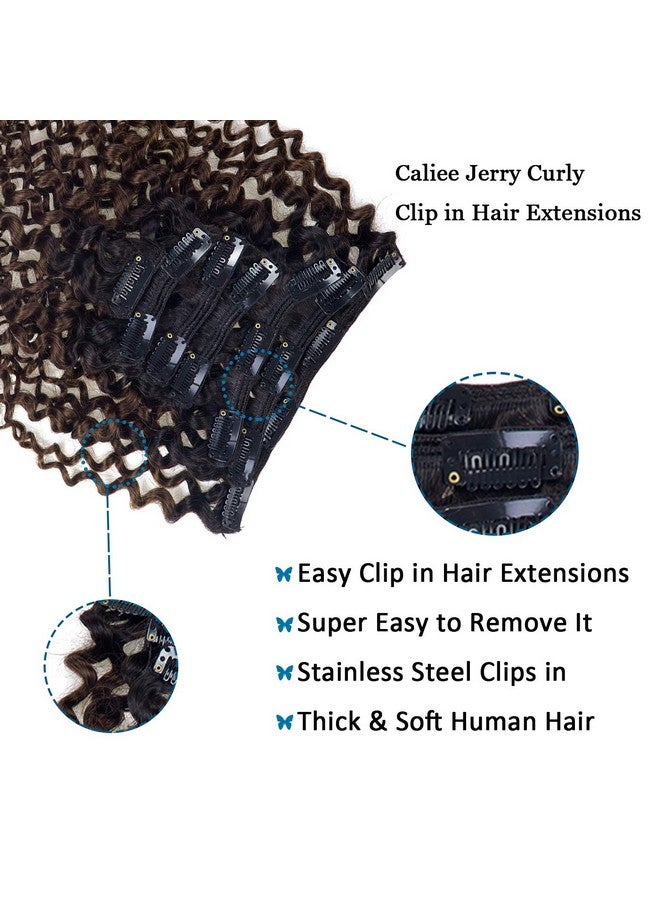 Caliee 22Inch Clip In Hair Extension Jerry Curly Double Weft Human Hair 3B 3C Curly Ombre Color Natural Hair Black Color Into #4 Dark Brown Color 120Gram With 7 Pieces 17 Clips Per Pack