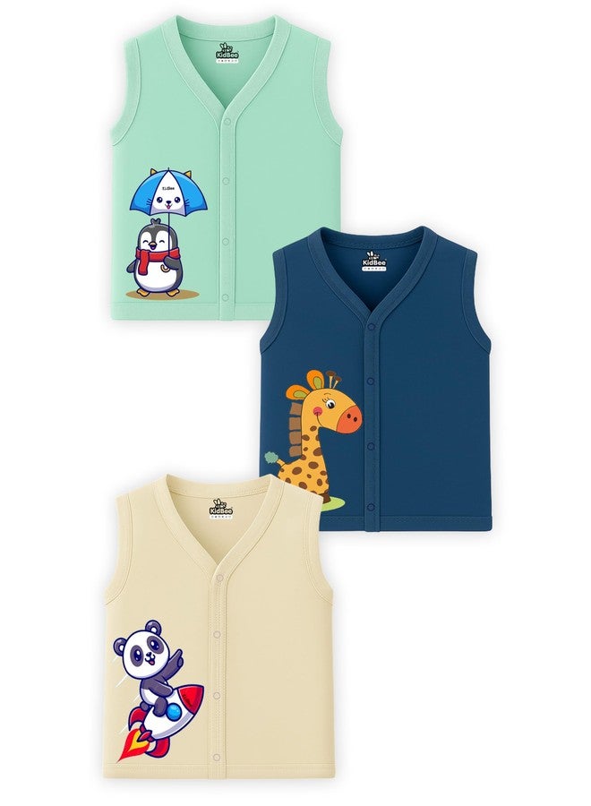 Kidbee Baby Cotton Sleeveless Front Open Jabla - Pack of 3 | Soft Button Vest for Newborns & Infants (in, Age, 12 Months, 18 Months, Regular, BS-JSL-Multi-3pc-A) - Image 1