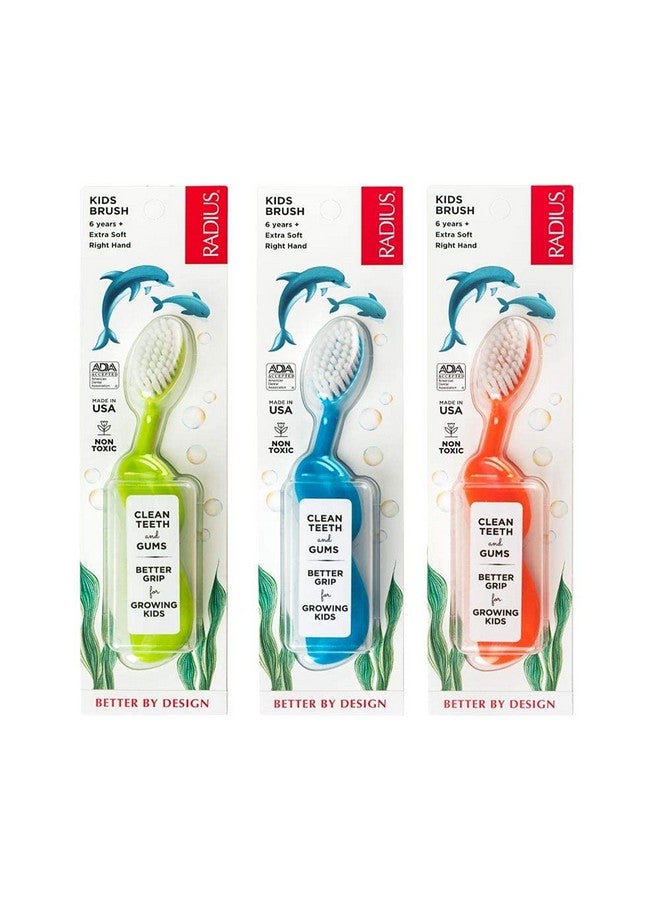 Radius Kidz Toothbrush Children'S Right Hand Bpa Free Ada Accepted Designed To Clean Teeth & Gums For Children 6 Years & Up - Green Blue Orange - Pack Of 3 - Image 1