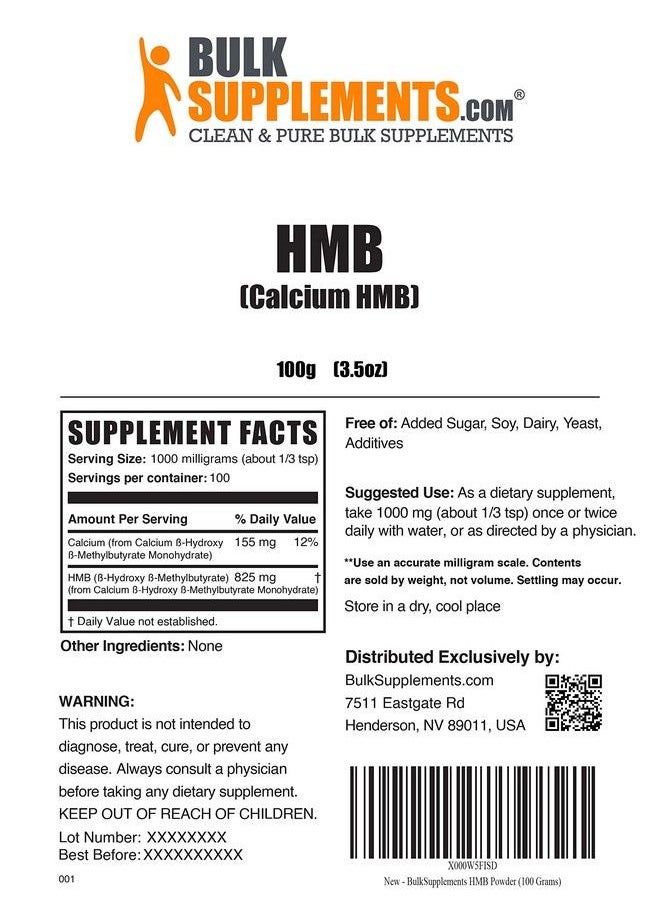 BULKSUPPLEMENTS.COM - Hmb Powder (Beta Hydroxy Beta Methylbutyrate) Hmb Supplement Hmb Free Acid Hmb 1000 Mg Calcium Hmb Hmb Powder Supplements 100 Servings (100 Grams 3.5 Oz) - Image 1