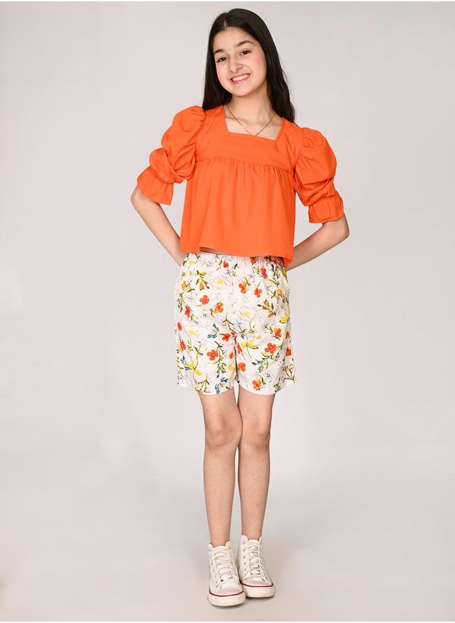 LILPICKS Solid Puff Sleeve Top with Printed Shorts Set  - Image 3