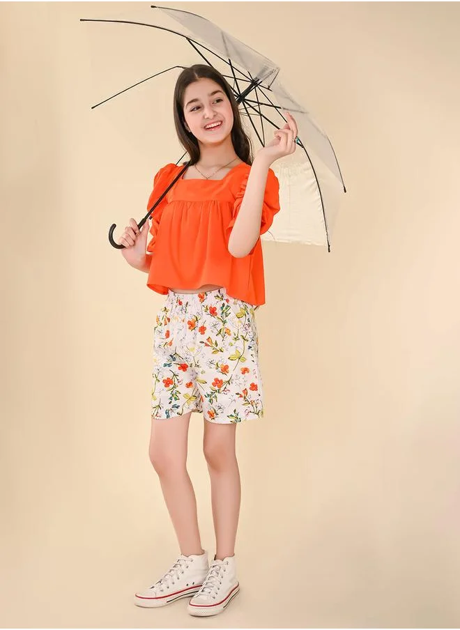 ليلك Solid Puff Sleeve Top with Printed Shorts Set