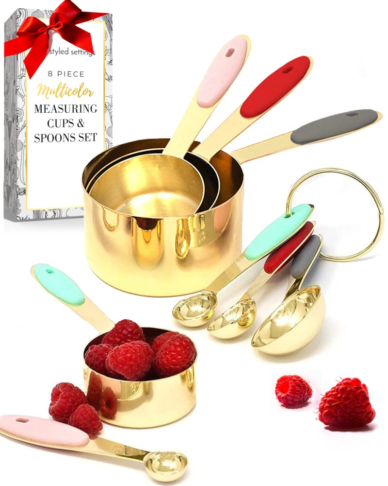styled settings Gold Measuring Cups and Spoons Set - 8PC Stackable, Sturdy Measuring Set - Cute Gold Kitchen Utensils & Accessories for Baking & Cooking - Image 1