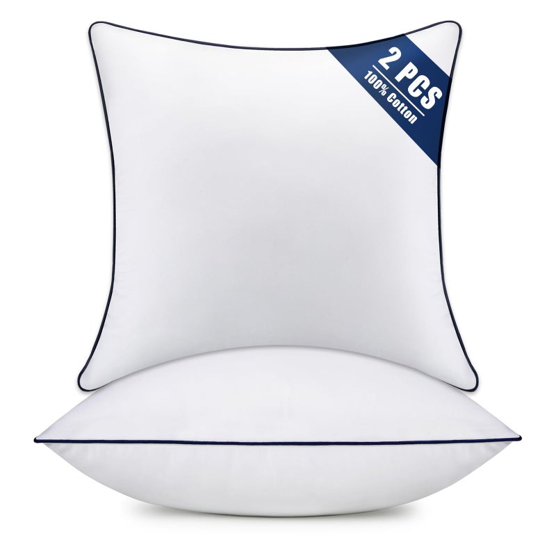 OKBA Throw Pillow Inserts Set of 2-Fluffy Square Cushions with 100% Cotton Covers-Decorative White Pillow Fillers for Sofa, Bed, Couch, Living Room, Indoor Hotel Pillows (14x14 Inch (Pack of 2)-Blue Edge) - Image 1
