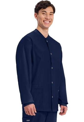 Cherokee Men’s Scrub Jacket Snap Front Medical with 3 Pockets, Knit Cuffs, Soft Fade Resistant 2-Way Stretch - WW360, L, Navy - Image 5