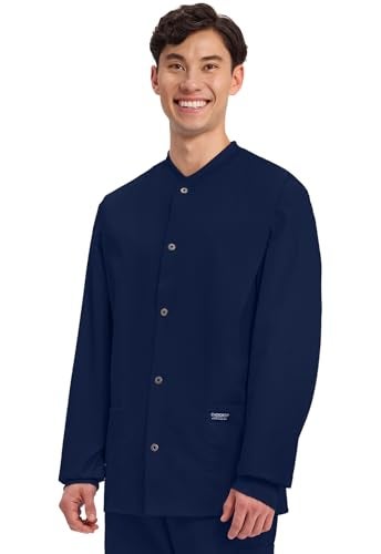 Cherokee Men’s Scrub Jacket Snap Front Medical with 3 Pockets, Knit Cuffs, Soft Fade Resistant 2-Way Stretch - WW360, L, Navy - Image 3