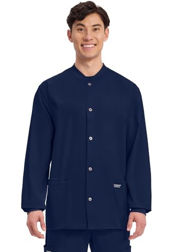 Cherokee Men’s Scrub Jacket Snap Front Medical with 3 Pockets, Knit Cuffs, Soft Fade Resistant 2-Way Stretch - WW360, L, Navy - Image 2