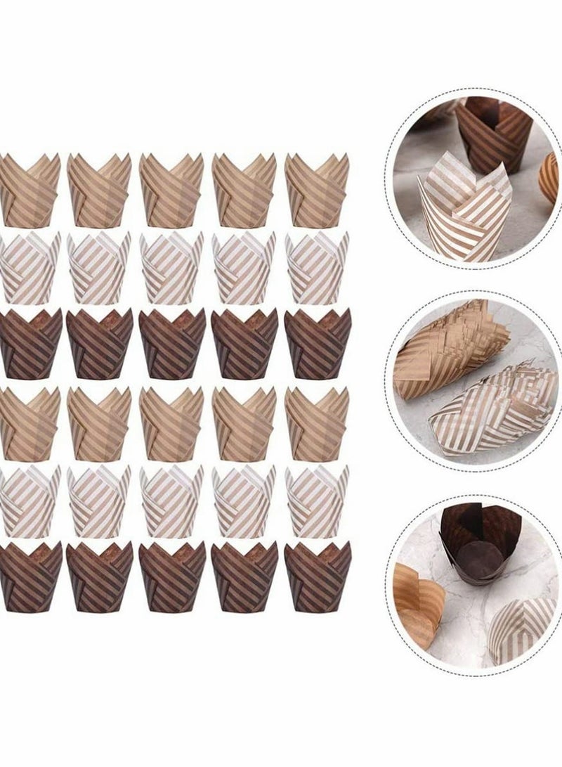 Baking Paper Cups Cupcake Liners, 100Pcs Brown White Tulip Style Baking Wrappers Muffin Cups Greaseproof Paper Square Non-Stick for Medium Large Cupcakes Mini Cake Party Birthday (Random Color) - Image 1