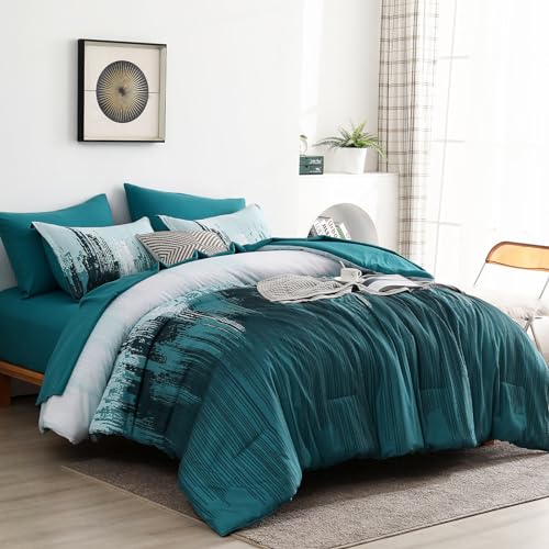 WONGS BEDDING Comforter Set QueenTeal Green 7 Pieces Bed in a Bag Colorful Abstract Art Gradient Comforter Soft Microfiber Bedding Set with ComforterFlat SheetFitted SheetPillow ShamsPillowcases - Image 3