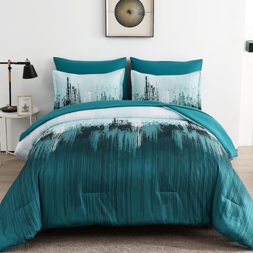 WONGS BEDDING Comforter Set QueenTeal Green 7 Pieces Bed in a Bag Colorful Abstract Art Gradient Comforter Soft Microfiber Bedding Set with ComforterFlat SheetFitted SheetPillow ShamsPillowcases - Image 1