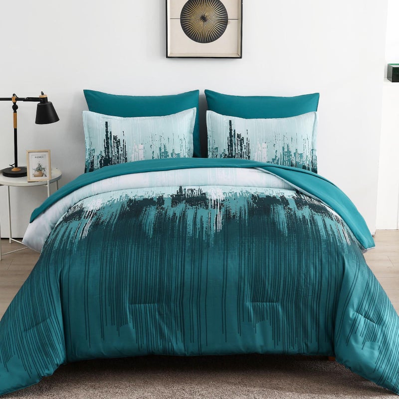 WONGS BEDDING Comforter Set QueenTeal Green 7 Pieces Bed in a Bag Colorful Abstract Art Gradient Comforter Soft Microfiber Bedding Set with ComforterFlat SheetFitted SheetPillow ShamsPillowcases - Image 2