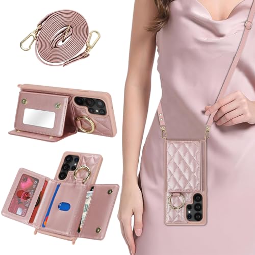 DEYHU for Galaxy S25 Ultra Case with Card Holder and Strap for Women,Crossbody Lanyard, Make Up Mirror,Ring Stand,Snap Clasp,Cute Phone Wallet Cases 6.9 inch - Dark Rose Gold - Image 1
