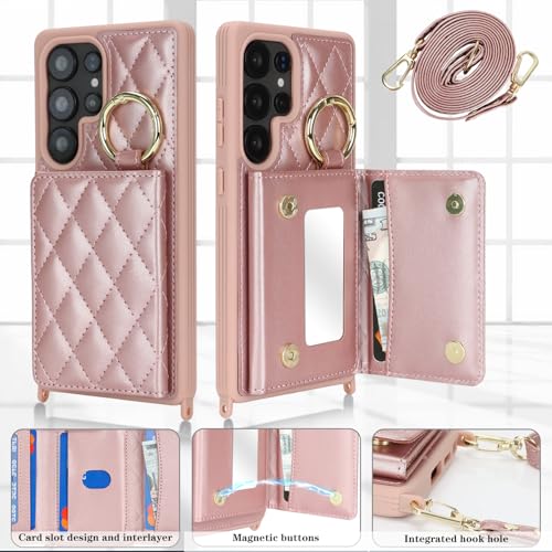 DEYHU for Galaxy S25 Ultra Case with Card Holder and Strap for Women,Crossbody Lanyard, Make Up Mirror,Ring Stand,Snap Clasp,Cute Phone Wallet Cases 6.9 inch - Dark Rose Gold - Image 2