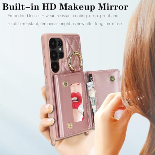 DEYHU for Galaxy S25 Ultra Case with Card Holder and Strap for Women,Crossbody Lanyard, Make Up Mirror,Ring Stand,Snap Clasp,Cute Phone Wallet Cases 6.9 inch - Dark Rose Gold - Image 5