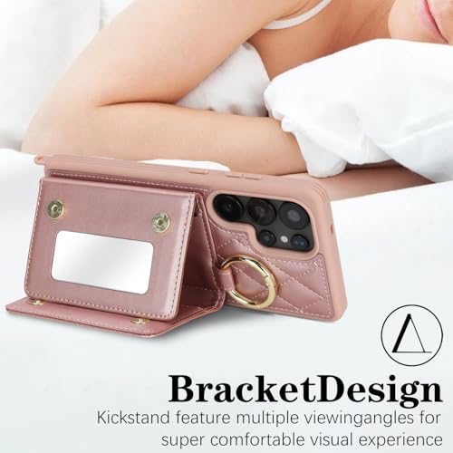 DEYHU for Galaxy S25 Ultra Case with Card Holder and Strap for Women,Crossbody Lanyard, Make Up Mirror,Ring Stand,Snap Clasp,Cute Phone Wallet Cases 6.9 inch - Dark Rose Gold - Image 4