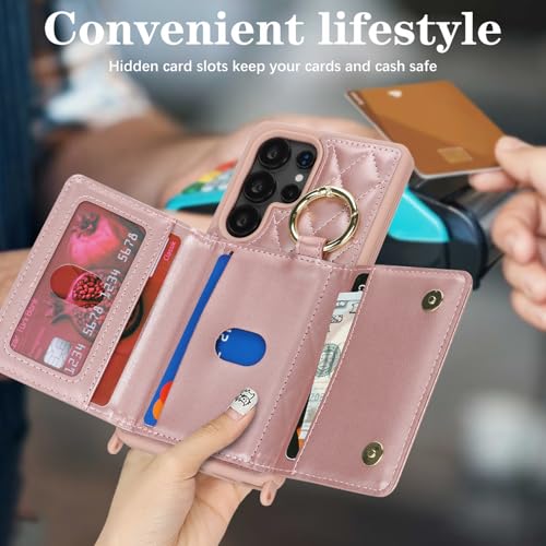 DEYHU for Galaxy S25 Ultra Case with Card Holder and Strap for Women,Crossbody Lanyard, Make Up Mirror,Ring Stand,Snap Clasp,Cute Phone Wallet Cases 6.9 inch - Dark Rose Gold - Image 3