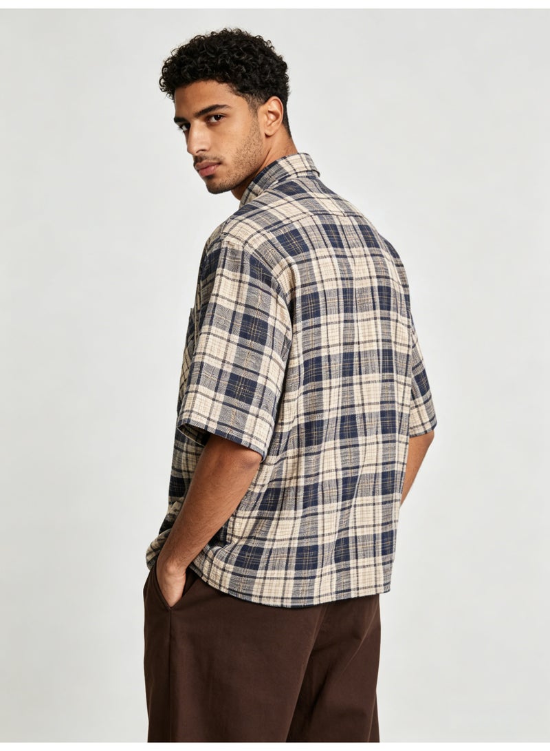 زارا ZARA Men’s Navy Beige Plaid Oversized Short Sleeve Shirt - Image 2