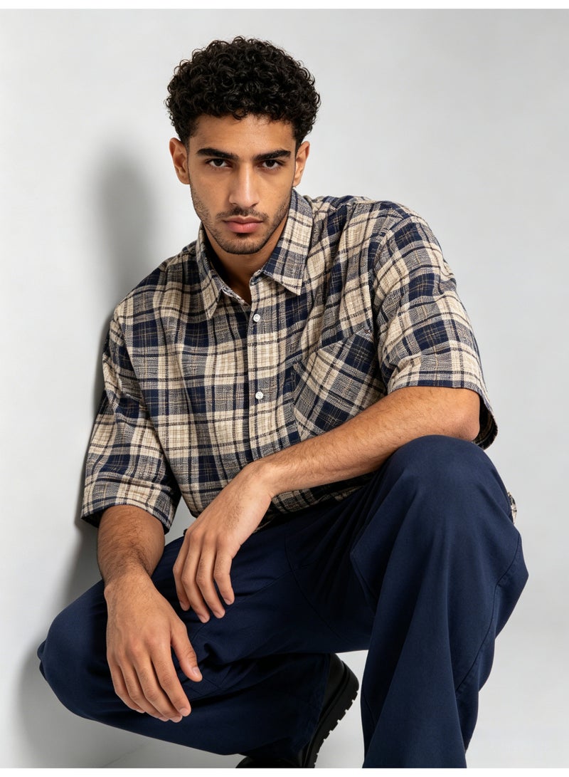 زارا ZARA Men’s Navy Beige Plaid Oversized Short Sleeve Shirt - Image 4