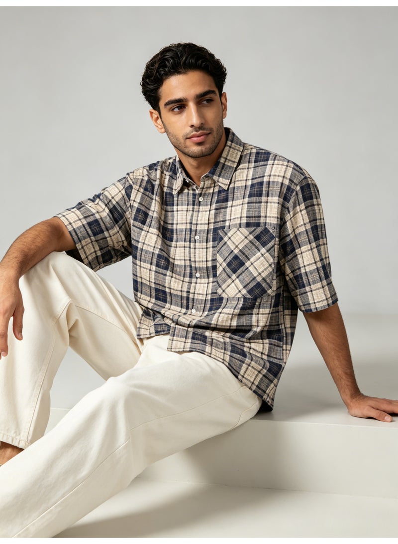زارا ZARA Men’s Navy Beige Plaid Oversized Short Sleeve Shirt - Image 3
