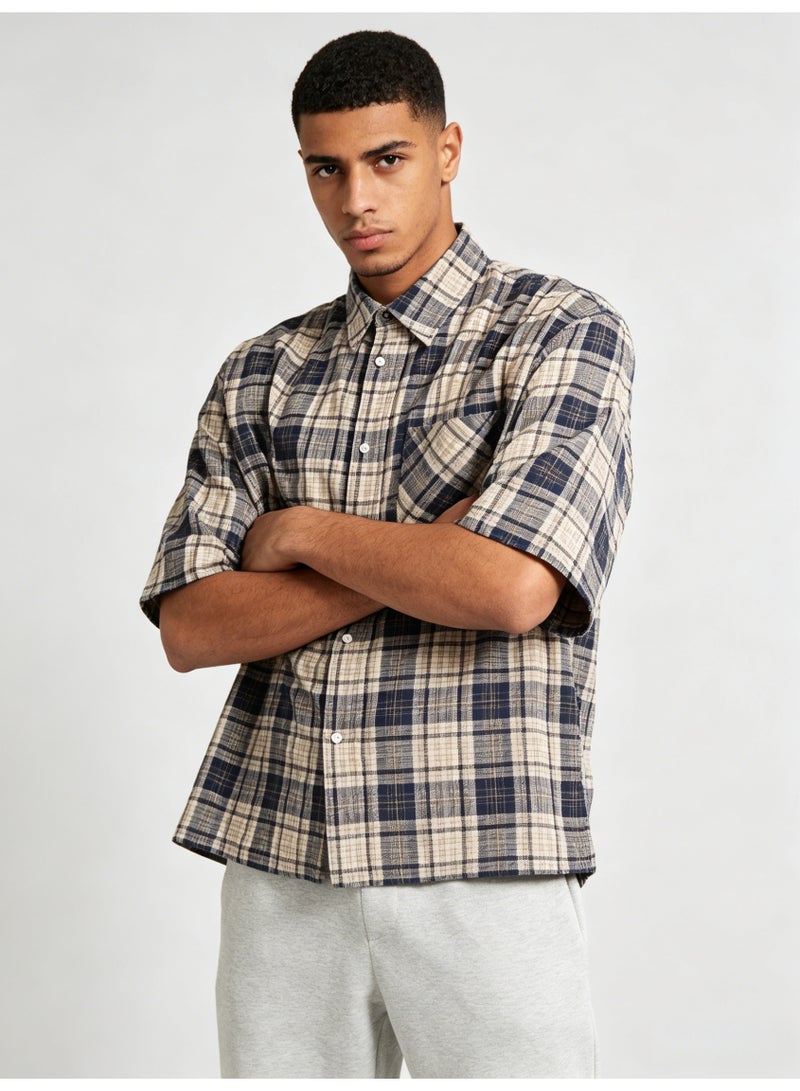 زارا ZARA Men’s Navy Beige Plaid Oversized Short Sleeve Shirt - Image 1