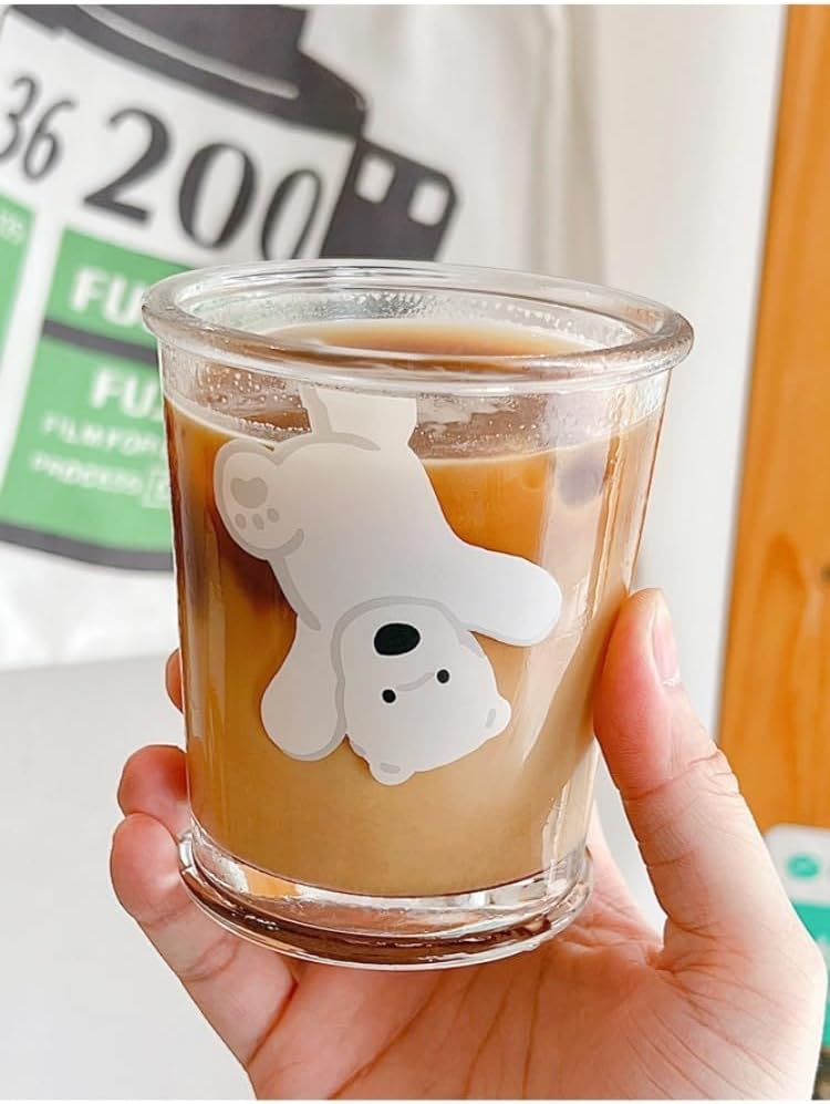 yaocoral Set of 2 12 OZ French Drinking Glasses Clear Glass Coffee Cup Tea Cup Cute Bear Dog Glass Cups for Iced TeaJuiceCoffeeMilkLatteDessertStackable Glassware Drinkware Set - Image 2